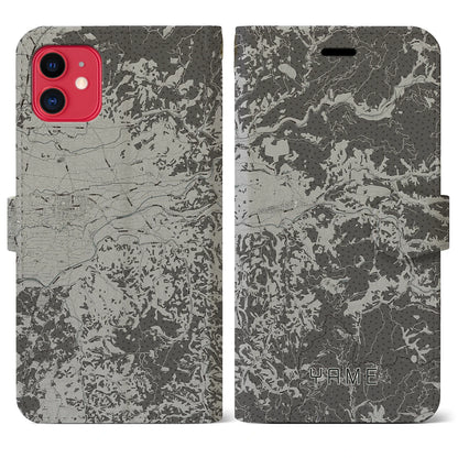 【八女（福岡県）】地図柄iPhoneケース（手帳タイプ）モノトーン・iPhone 11 用