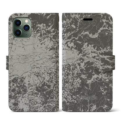 【八女（福岡県）】地図柄iPhoneケース（手帳タイプ）モノトーン・iPhone 11 Pro 用