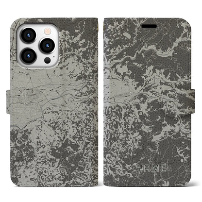 【八女（福岡県）】地図柄iPhoneケース（手帳タイプ）モノトーン・iPhone 13 Pro 用