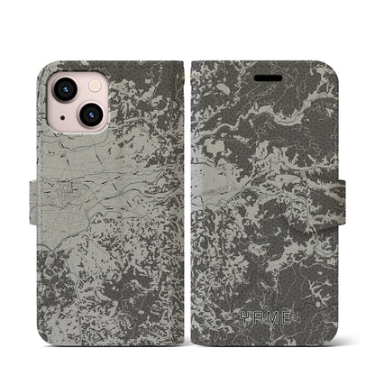 【八女（福岡県）】地図柄iPhoneケース（手帳タイプ）モノトーン・iPhone 13 mini 用