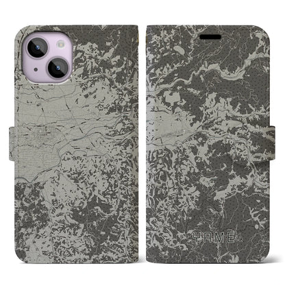 【八女（福岡県）】地図柄iPhoneケース（手帳タイプ）モノトーン・iPhone 14 用