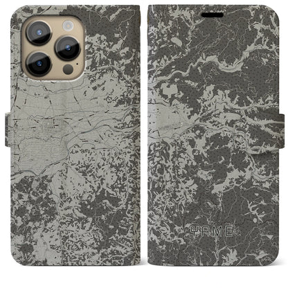 【八女（福岡県）】地図柄iPhoneケース（手帳タイプ）モノトーン・iPhone 14 Pro Max 用