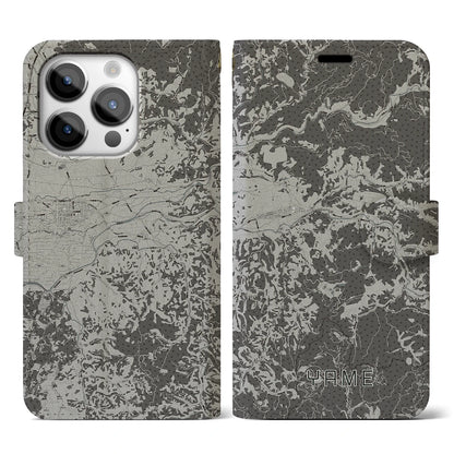 【八女（福岡県）】地図柄iPhoneケース（手帳タイプ）モノトーン・iPhone 14 Pro 用