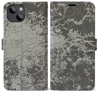 【八女（福岡県）】地図柄iPhoneケース（手帳タイプ）モノトーン・iPhone 14 Plus 用