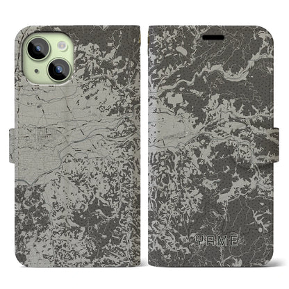 【八女（福岡県）】地図柄iPhoneケース（手帳タイプ）モノトーン・iPhone 15 用