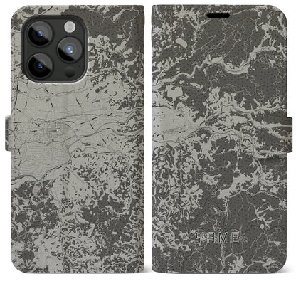 【八女（福岡県）】地図柄iPhoneケース（手帳タイプ）モノトーン・iPhone 15 Pro Max 用