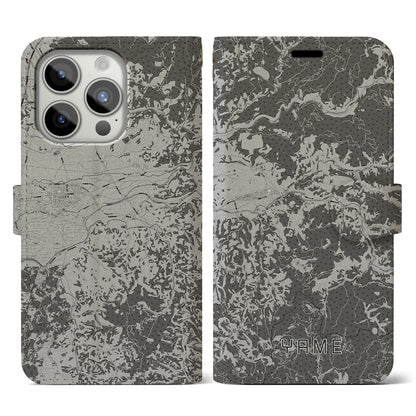 【八女（福岡県）】地図柄iPhoneケース（手帳タイプ）モノトーン・iPhone 15 Pro 用