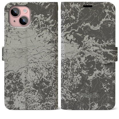 【八女（福岡県）】地図柄iPhoneケース（手帳タイプ）モノトーン・iPhone 15 Plus 用