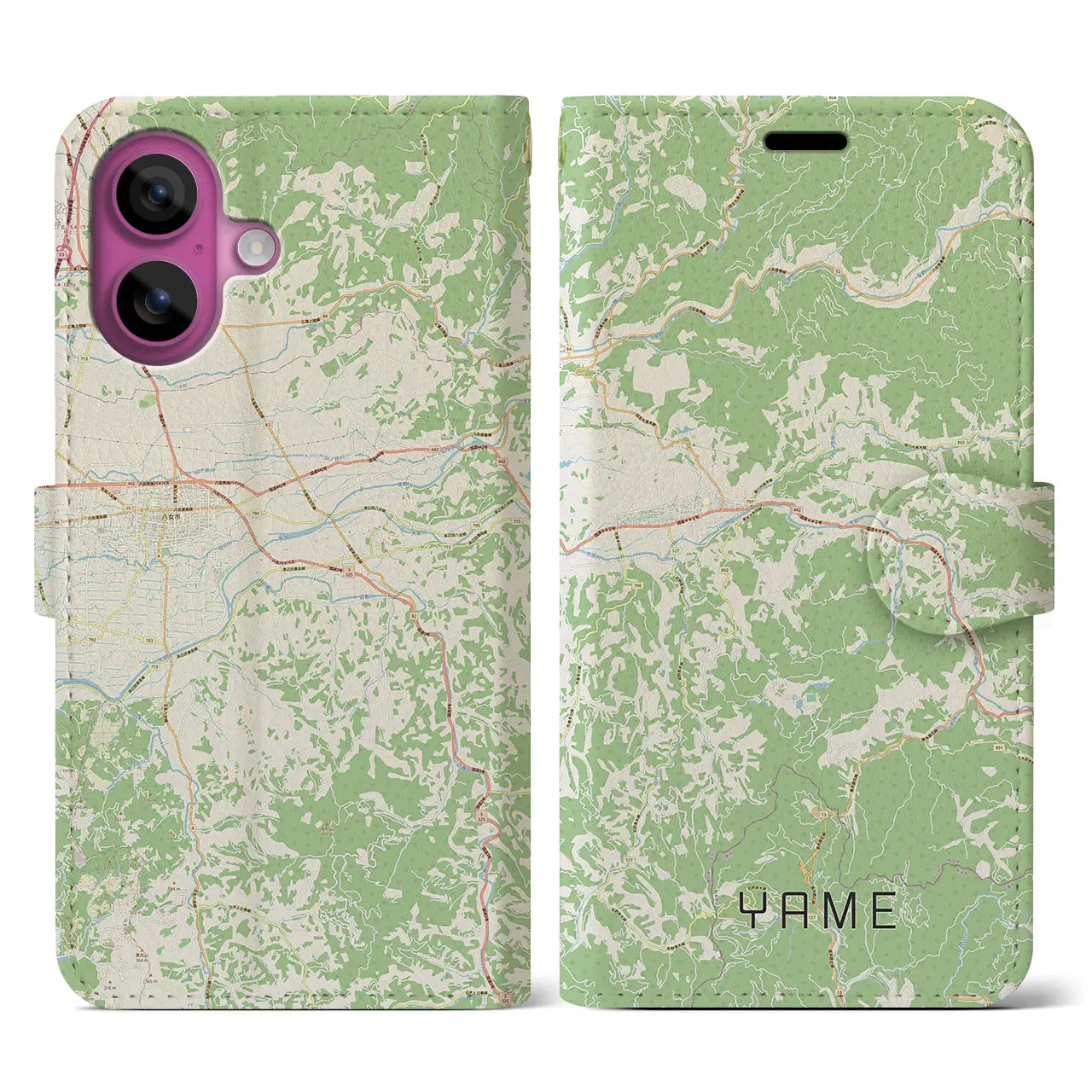 【八女（福岡県）】地図柄iPhoneケース（手帳タイプ）ナチュラル・iPhone 16 Pro 用