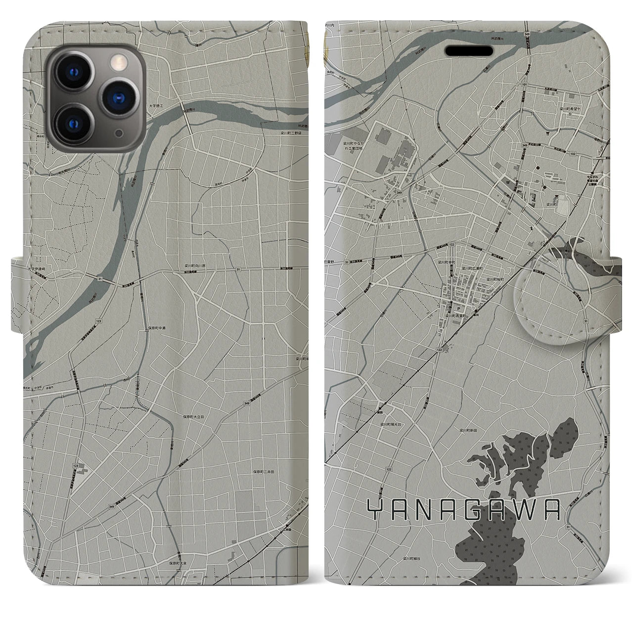 【梁川】地図柄iPhoneケース（手帳両面タイプ・モノトーン）iPhone 11 Pro Max 用