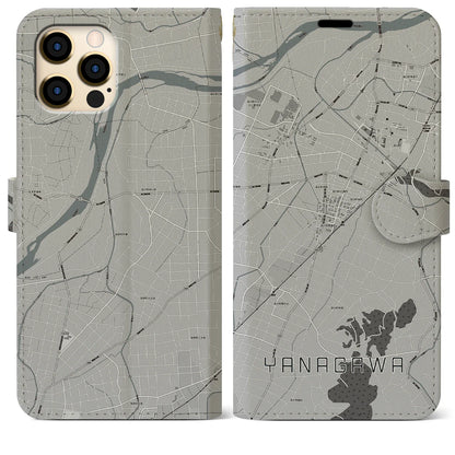【梁川（福島県）】地図柄iPhoneケース（手帳タイプ）モノトーン・iPhone 12 Pro Max 用