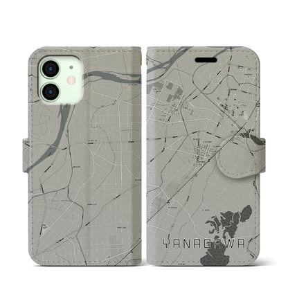 【梁川（福島県）】地図柄iPhoneケース（手帳タイプ）モノトーン・iPhone 12 mini 用