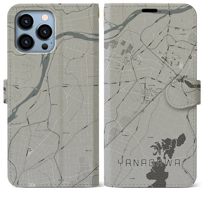 【梁川（福島県）】地図柄iPhoneケース（手帳タイプ）モノトーン・iPhone 13 Pro Max 用