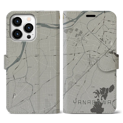 【梁川（福島県）】地図柄iPhoneケース（手帳タイプ）モノトーン・iPhone 13 Pro 用