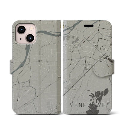 【梁川（福島県）】地図柄iPhoneケース（手帳タイプ）モノトーン・iPhone 13 mini 用