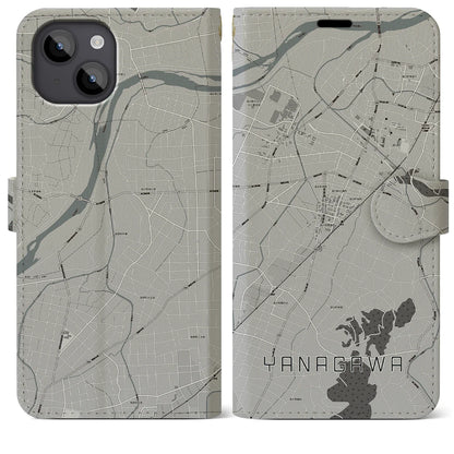 【梁川（福島県）】地図柄iPhoneケース（手帳タイプ）モノトーン・iPhone 14 Plus 用