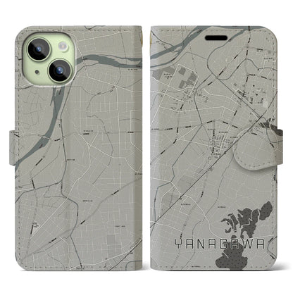 【梁川（福島県）】地図柄iPhoneケース（手帳タイプ）モノトーン・iPhone 15 用