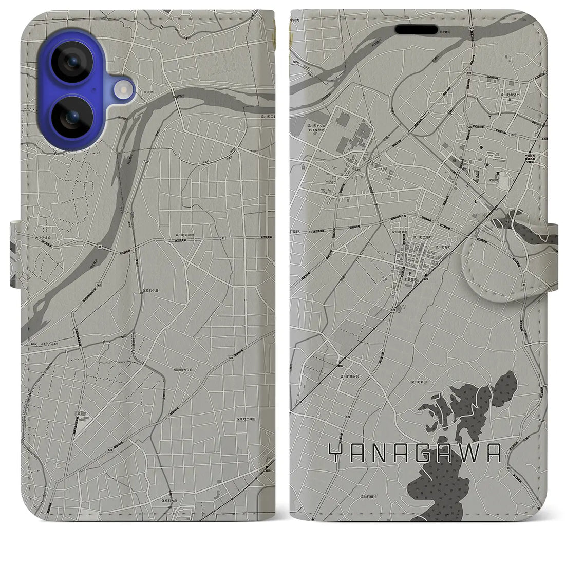 【梁川(福島県)】地図柄iPhoneケース(手帳タイプ)モノトーン・iPhone 16 Pro Max 用