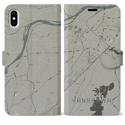 【梁川（福島県）】地図柄iPhoneケース（手帳タイプ）モノトーン・iPhone XS Max 用