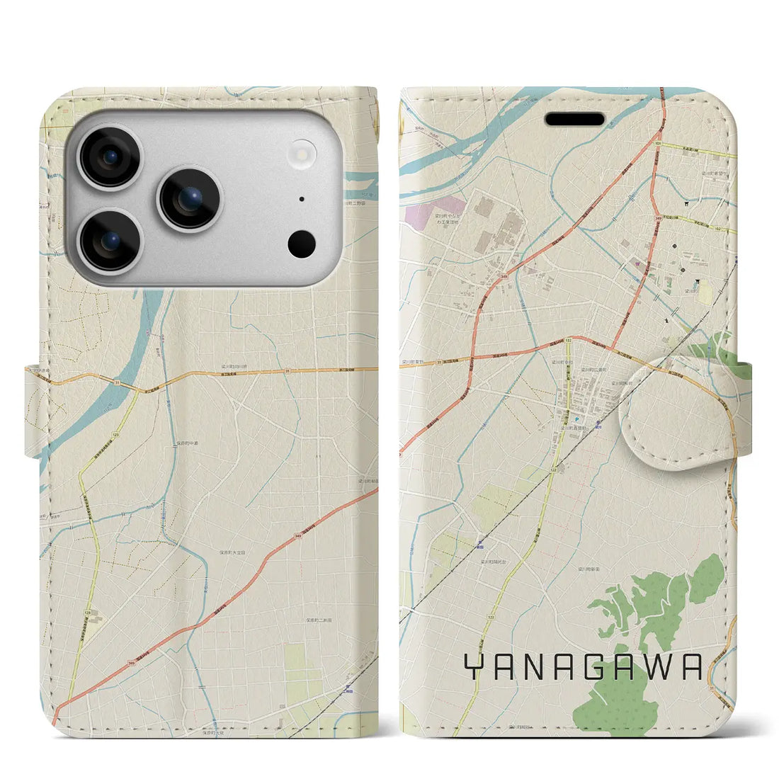 【梁川（福島県）】地図柄iPhoneケース（手帳タイプ）モノトーン・iPhone 17 Pro Max 用