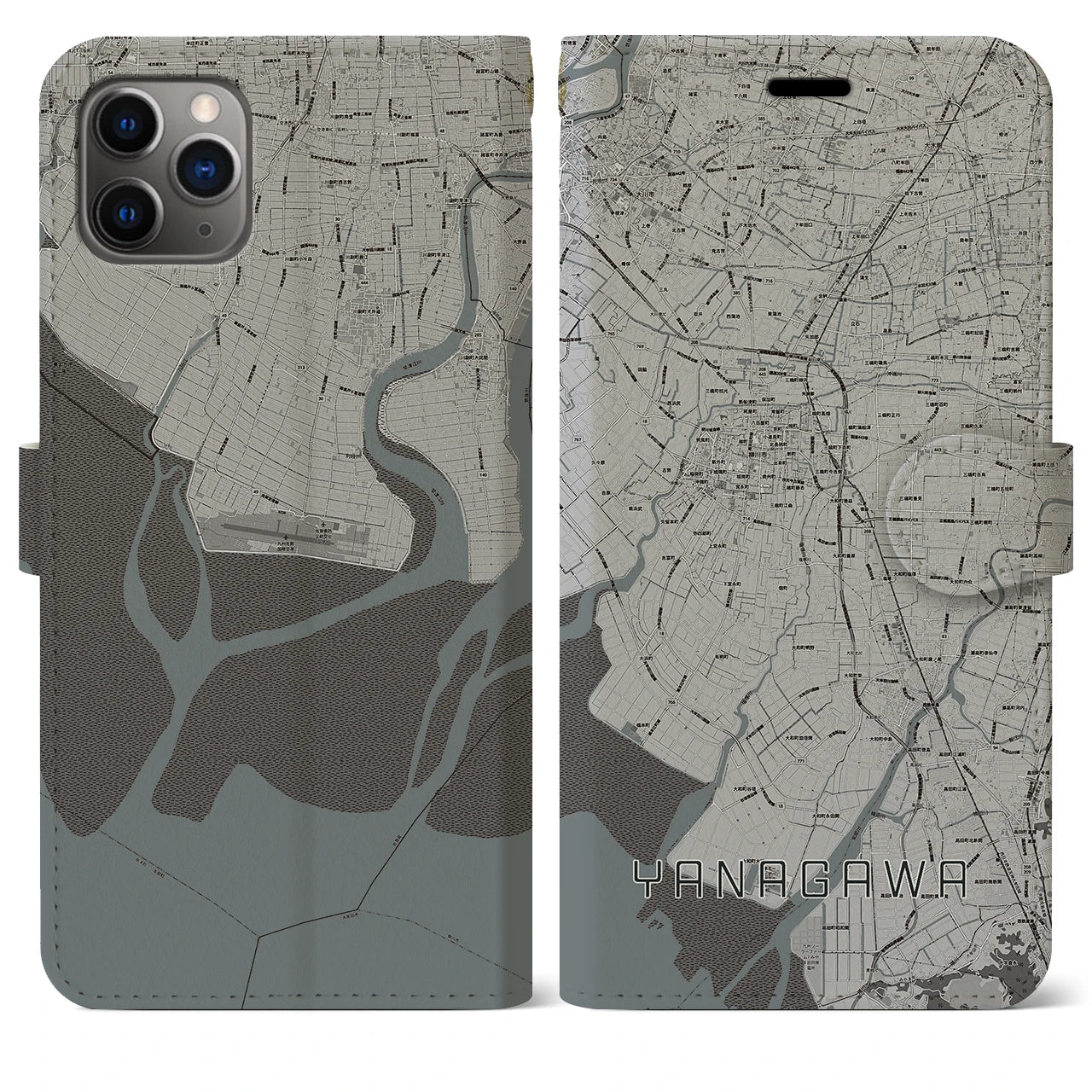 【柳川】地図柄iPhoneケース（手帳両面タイプ・モノトーン）iPhone 11 Pro Max 用