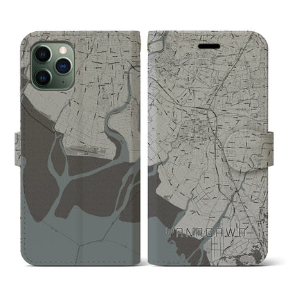 【柳川（福岡県）】地図柄iPhoneケース（手帳タイプ）モノトーン・iPhone 11 Pro 用