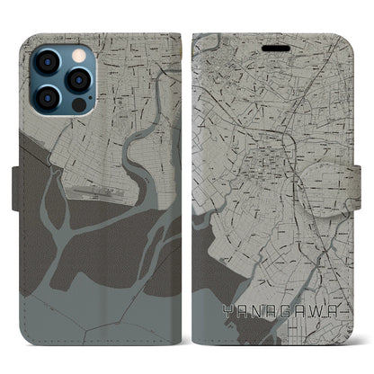 【柳川（福岡県）】地図柄iPhoneケース（手帳タイプ）モノトーン・iPhone 12 / 12 Pro 用