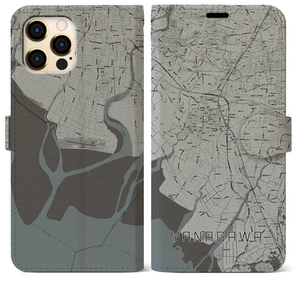 【柳川（福岡県）】地図柄iPhoneケース（手帳タイプ）モノトーン・iPhone 12 Pro Max 用