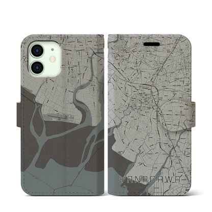 【柳川（福岡県）】地図柄iPhoneケース（手帳タイプ）モノトーン・iPhone 12 mini 用