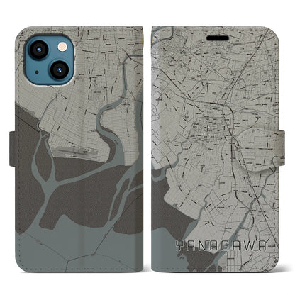 【柳川（福岡県）】地図柄iPhoneケース（手帳タイプ）モノトーン・iPhone 13 用