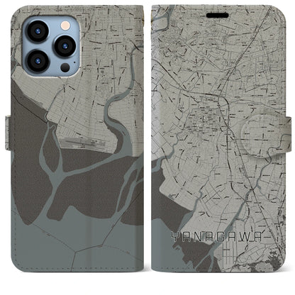 【柳川（福岡県）】地図柄iPhoneケース（手帳タイプ）モノトーン・iPhone 13 Pro Max 用