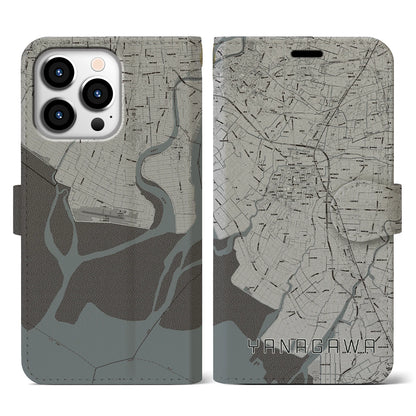 【柳川（福岡県）】地図柄iPhoneケース（手帳タイプ）モノトーン・iPhone 13 Pro 用