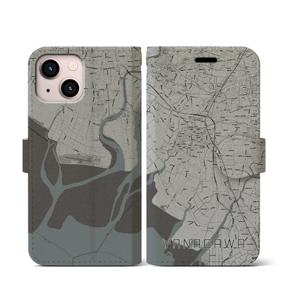 【柳川（福岡県）】地図柄iPhoneケース（手帳タイプ）モノトーン・iPhone 13 mini 用