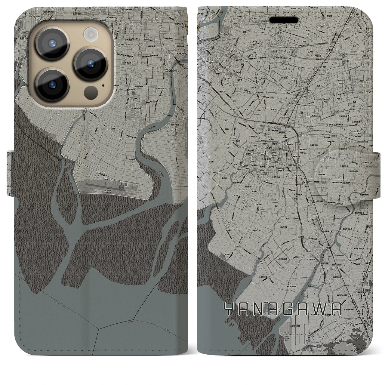 【柳川】地図柄iPhoneケース（手帳両面タイプ・モノトーン）iPhone 14 Pro Max 用