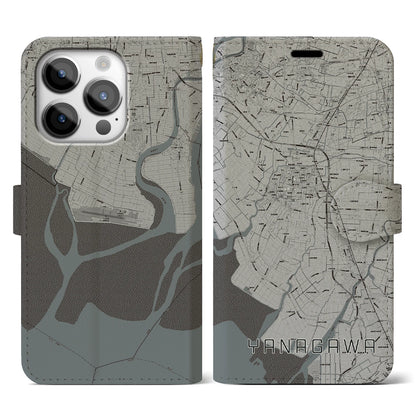 【柳川（福岡県）】地図柄iPhoneケース（手帳タイプ）モノトーン・iPhone 14 Pro 用