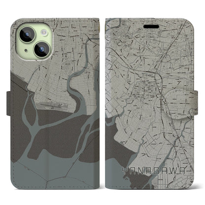 【柳川（福岡県）】地図柄iPhoneケース（手帳タイプ）モノトーン・iPhone 15 用