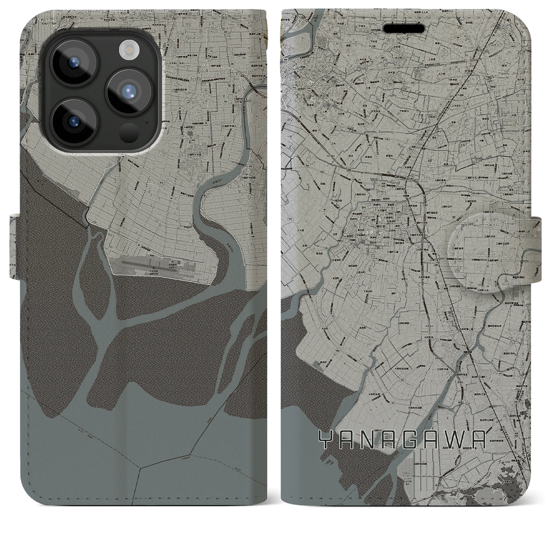 【柳川】地図柄iPhoneケース（手帳両面タイプ・モノトーン）iPhone 15 Pro Max 用