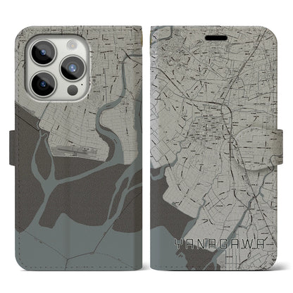 【柳川（福岡県）】地図柄iPhoneケース（手帳タイプ）モノトーン・iPhone 15 Pro 用