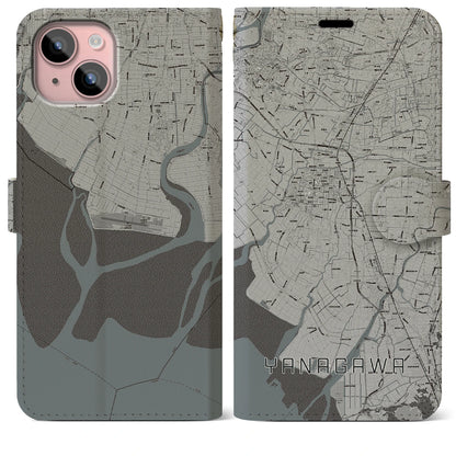 【柳川（福岡県）】地図柄iPhoneケース（手帳タイプ）モノトーン・iPhone 15 Plus 用