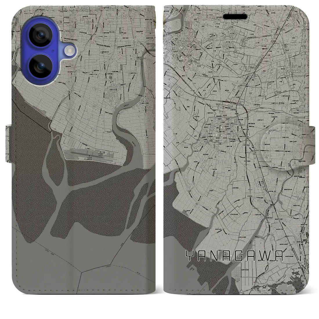 【柳川(福岡県)】地図柄iPhoneケース(手帳タイプ)モノトーン・iPhone 16 Pro Max 用