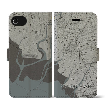 【柳川（福岡県）】地図柄iPhoneケース（手帳タイプ）モノトーン・iPhone SE（第3 / 第2世代） / 8 / 7 / 6s / 6 用