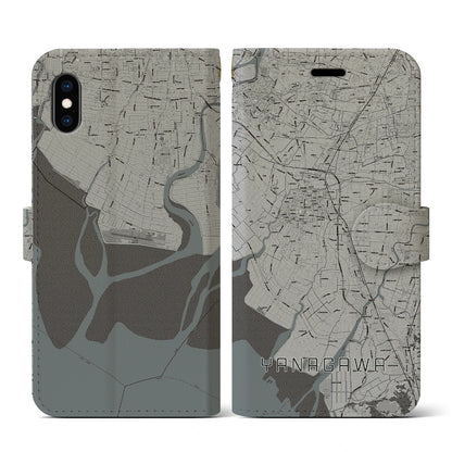 【柳川（福岡県）】地図柄iPhoneケース（手帳タイプ）モノトーン・iPhone XS / X 用