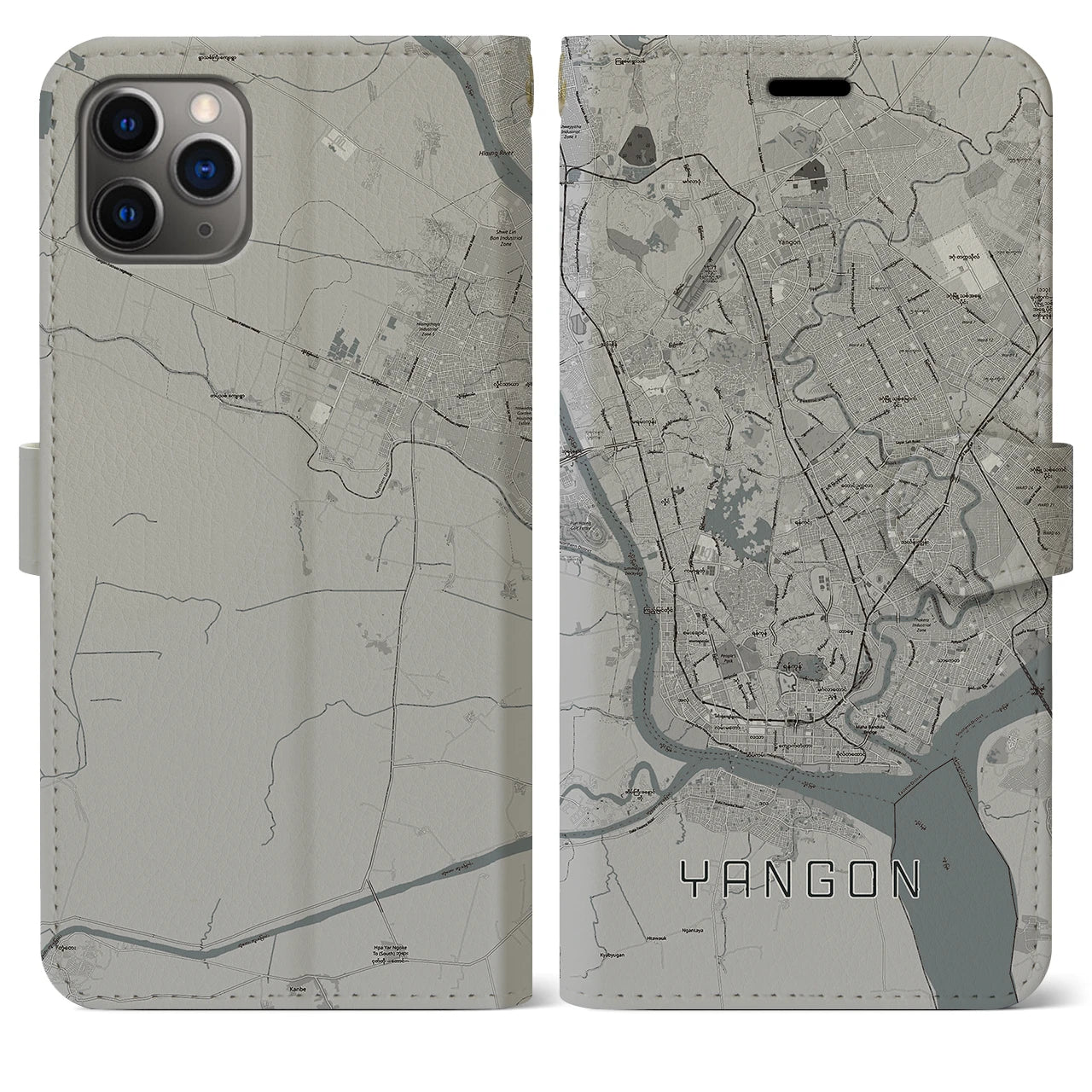 【ヤンゴン】地図柄iPhoneケース（手帳両面タイプ・モノトーン）iPhone 11 Pro Max 用