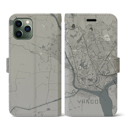 【ヤンゴン（ミャンマー）】地図柄iPhoneケース（手帳タイプ）モノトーン・iPhone 11 Pro 用