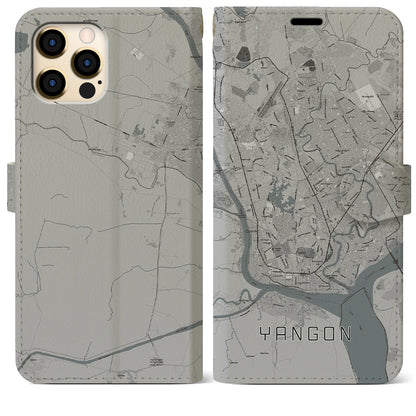 【ヤンゴン（ミャンマー）】地図柄iPhoneケース（手帳タイプ）モノトーン・iPhone 12 Pro Max 用