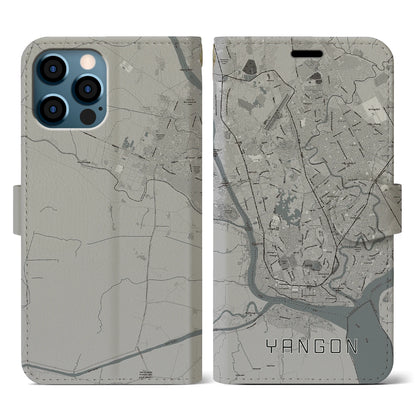 【ヤンゴン（ミャンマー）】地図柄iPhoneケース（手帳タイプ）モノトーン・iPhone 12 / 12 Pro 用