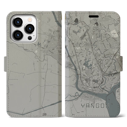 【ヤンゴン（ミャンマー）】地図柄iPhoneケース（手帳タイプ）モノトーン・iPhone 13 Pro 用