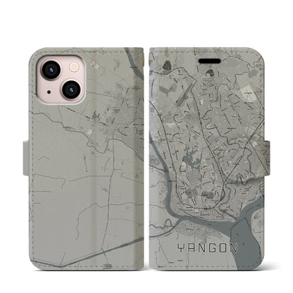 【ヤンゴン（ミャンマー）】地図柄iPhoneケース（手帳タイプ）モノトーン・iPhone 13 mini 用