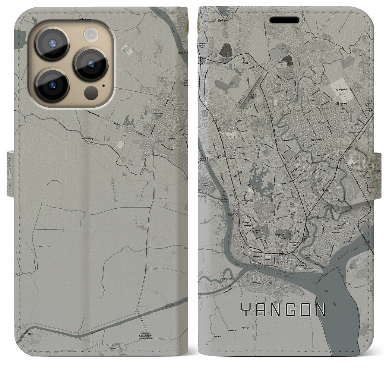 【ヤンゴン】地図柄iPhoneケース（手帳両面タイプ・モノトーン）iPhone 14 Pro Max 用