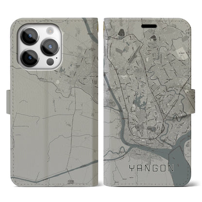 【ヤンゴン（ミャンマー）】地図柄iPhoneケース（手帳タイプ）モノトーン・iPhone 14 Pro 用